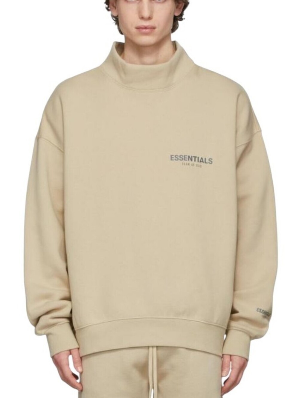 Essentials Fear Of God Men's Sweatshirt Mock Neck Beige Linen Spellout XS